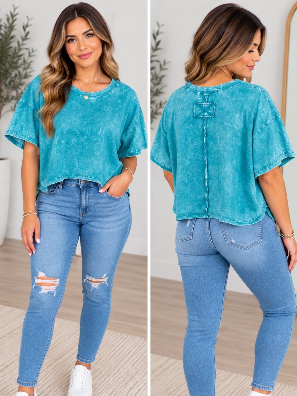 Zenana- Washed Short Sleeve Cropped Tee - LT Teal